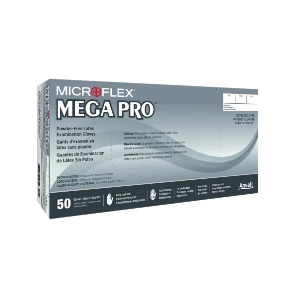 Microflex L852 MEGA PRO Latex Extended Cuff Examination Gloves, Box of 50, Size Medium
