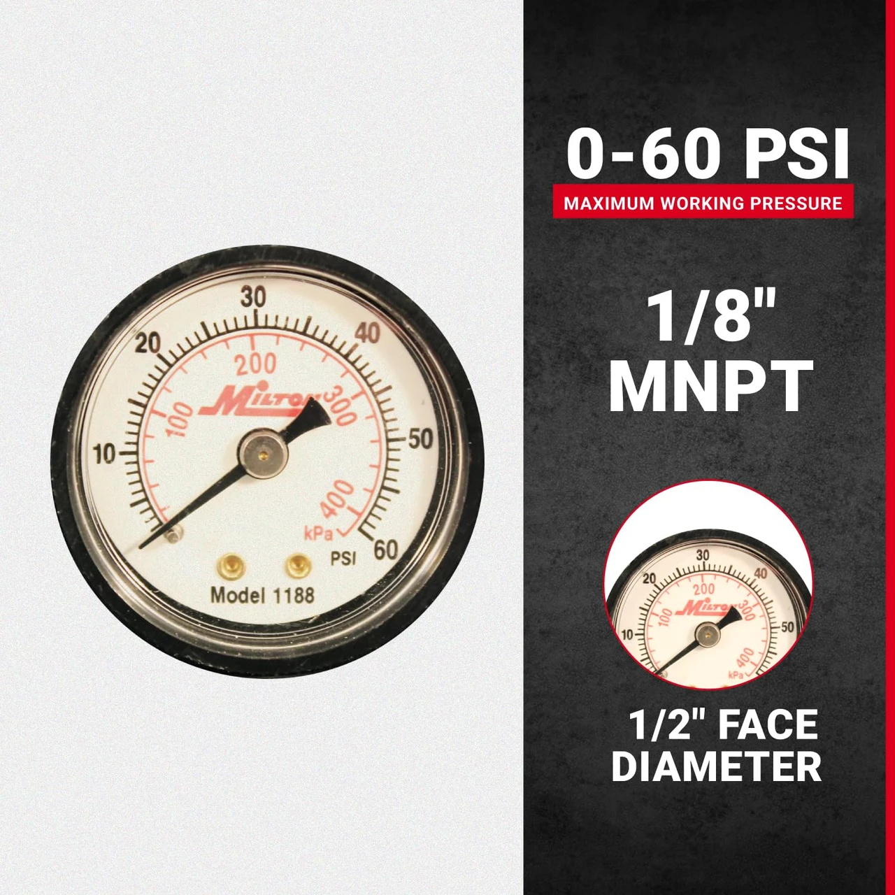 Milton 1188 Mini Pressure Gauge, 1/8" NPT, 0-60 PSI — product image 2