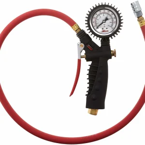 Milton572A pistol-grip analog tire inflator with red hose and round dial