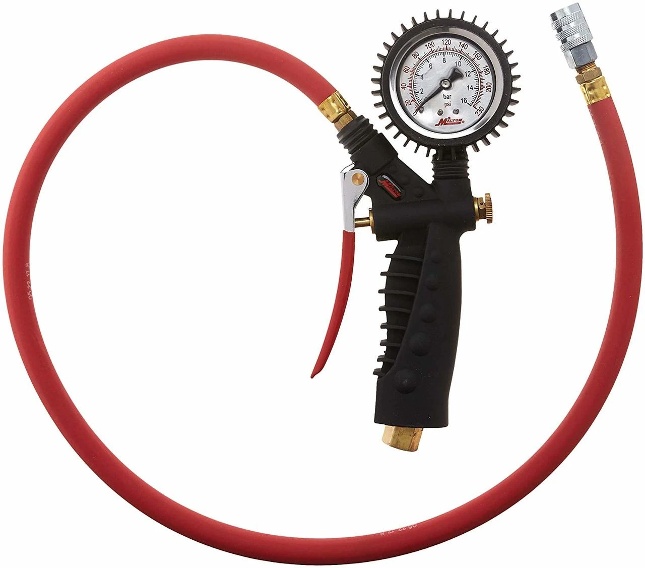 Milton572A pistol-grip analog tire inflator with red hose and round dial