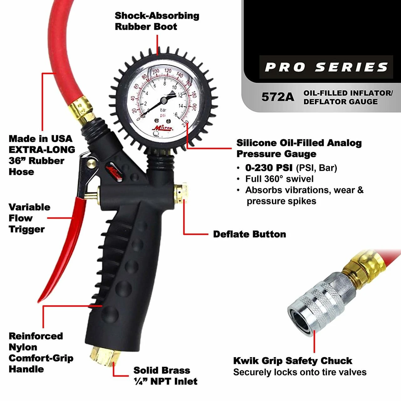 Milton 572A Pro Analog Pistol Grip Inflator Gauge - 36" Hose - 160 PSI — product image 2