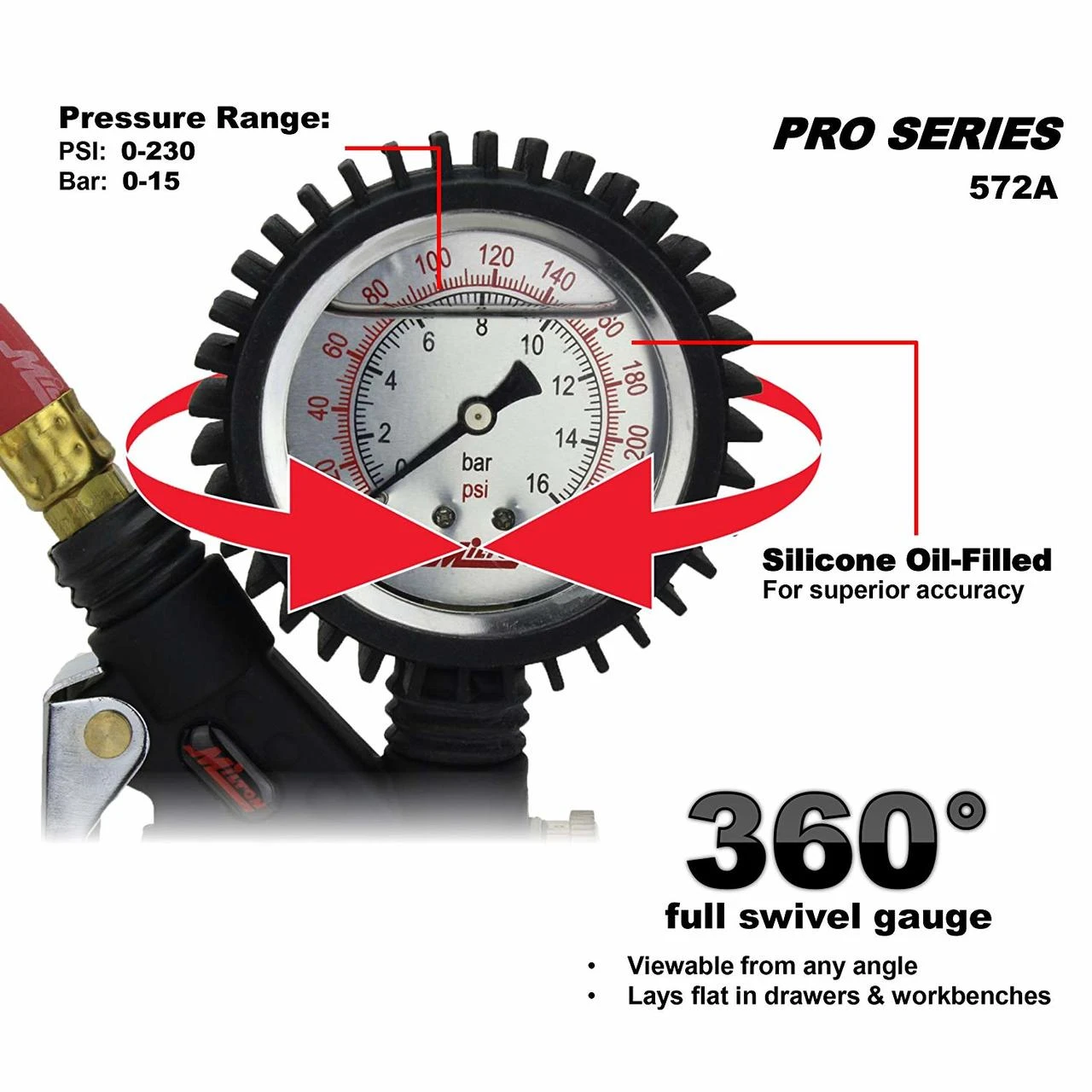 Milton 572A Pro Analog Pistol Grip Inflator Gauge - 36" Hose - 160 PSI — product image 3