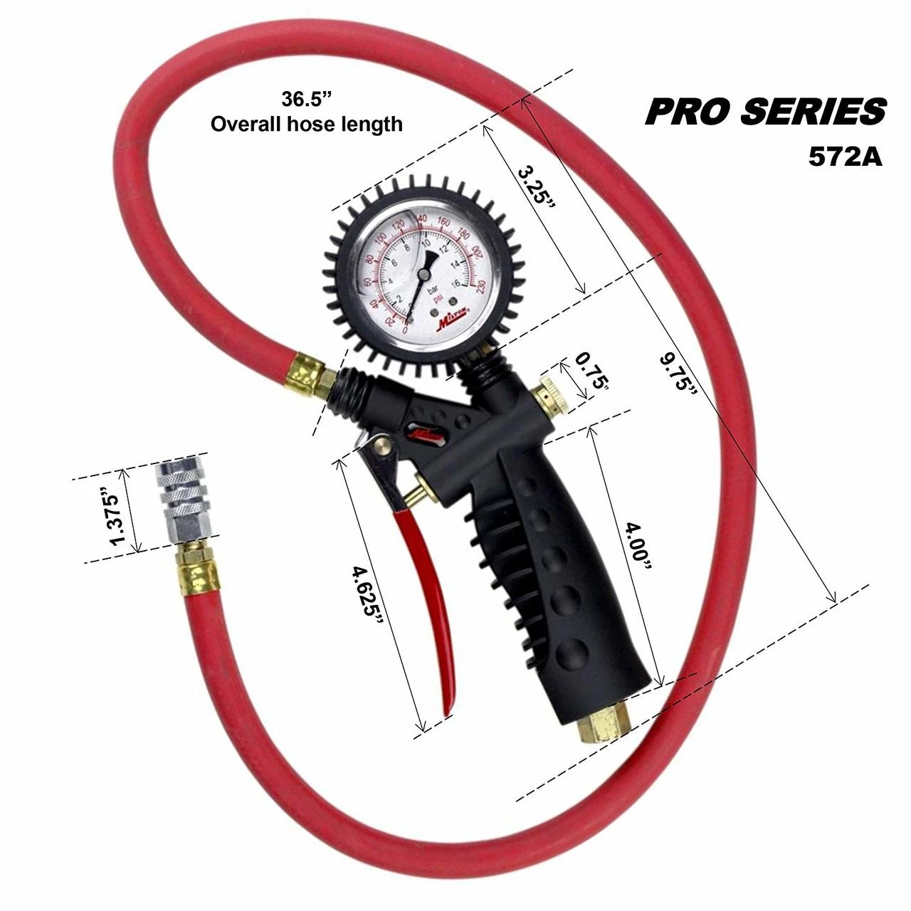 Milton 572A Pro Analog Pistol Grip Inflator Gauge - 36" Hose - 160 PSI — product image 5