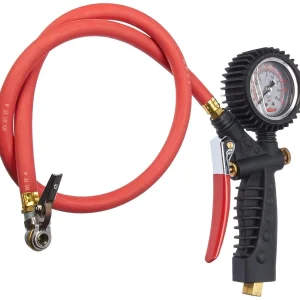 Milton573A analog pistol-grip tire inflator with red hose and clipped ball-foot chuck