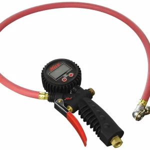 Milton573D digital pistol-grip inflator with red hose and clipped chuck
