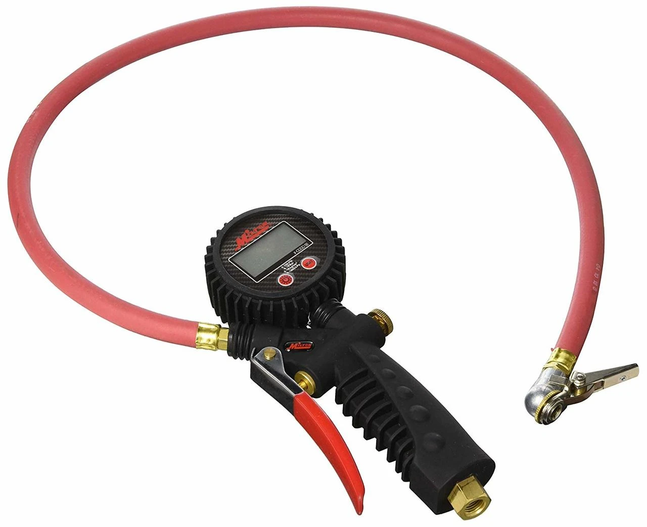 Milton573D digital pistol-grip inflator with red hose and clipped chuck