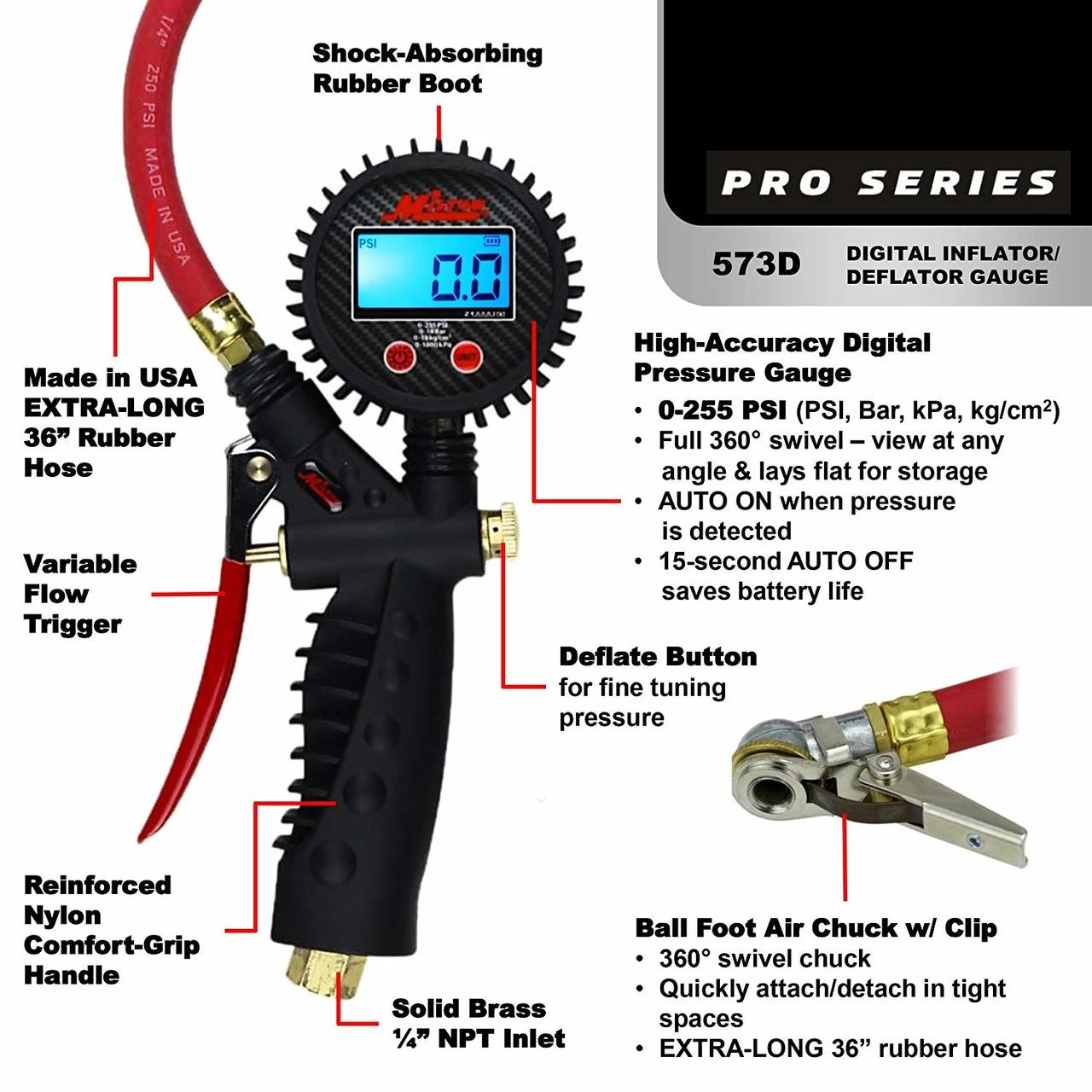 Milton 573D Pro Digital Pistol Grip Inflator Gauge - 36" Hose - 255 PSI — product image 4