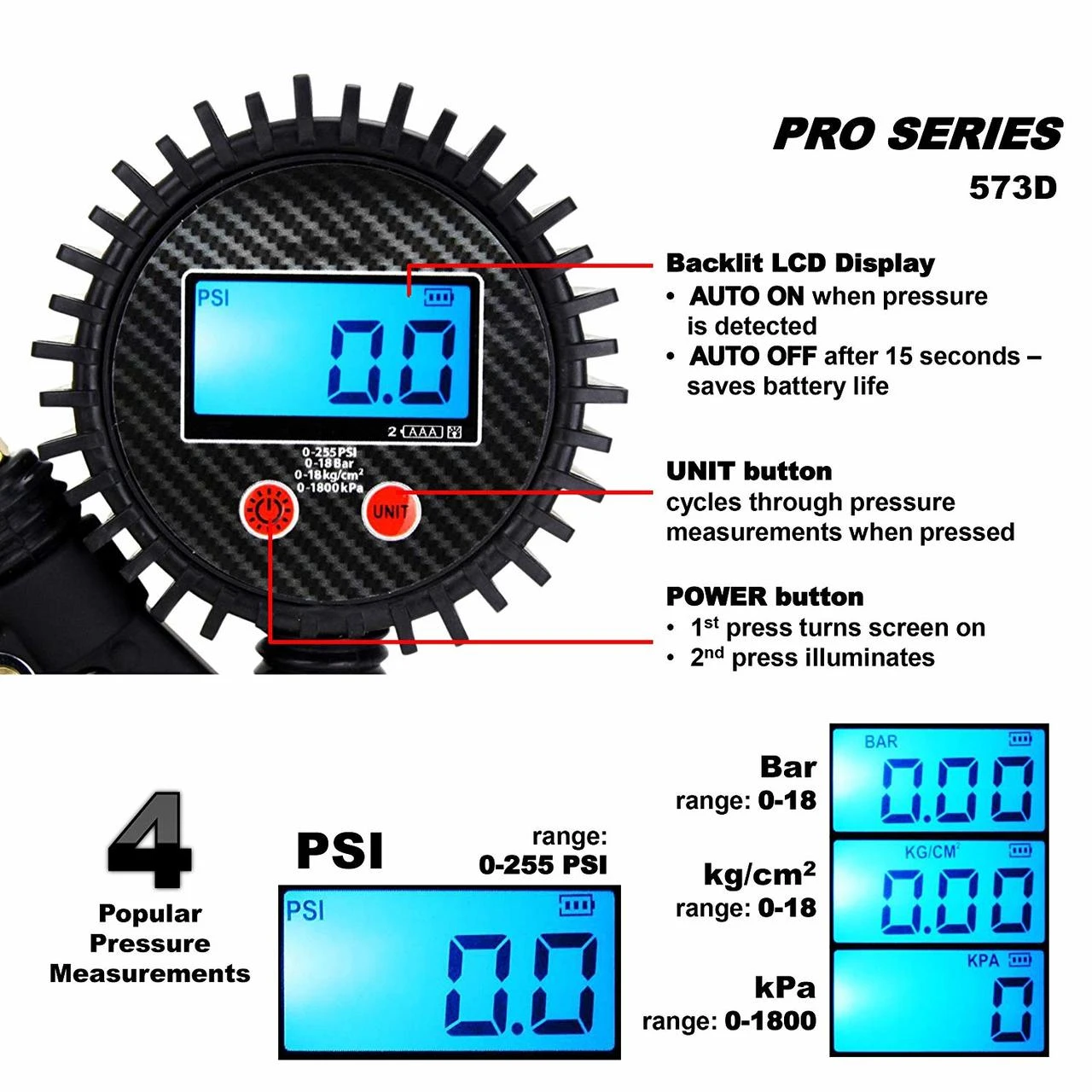 Milton 573D Pro Digital Pistol Grip Inflator Gauge - 36" Hose - 255 PSI — product image 5
