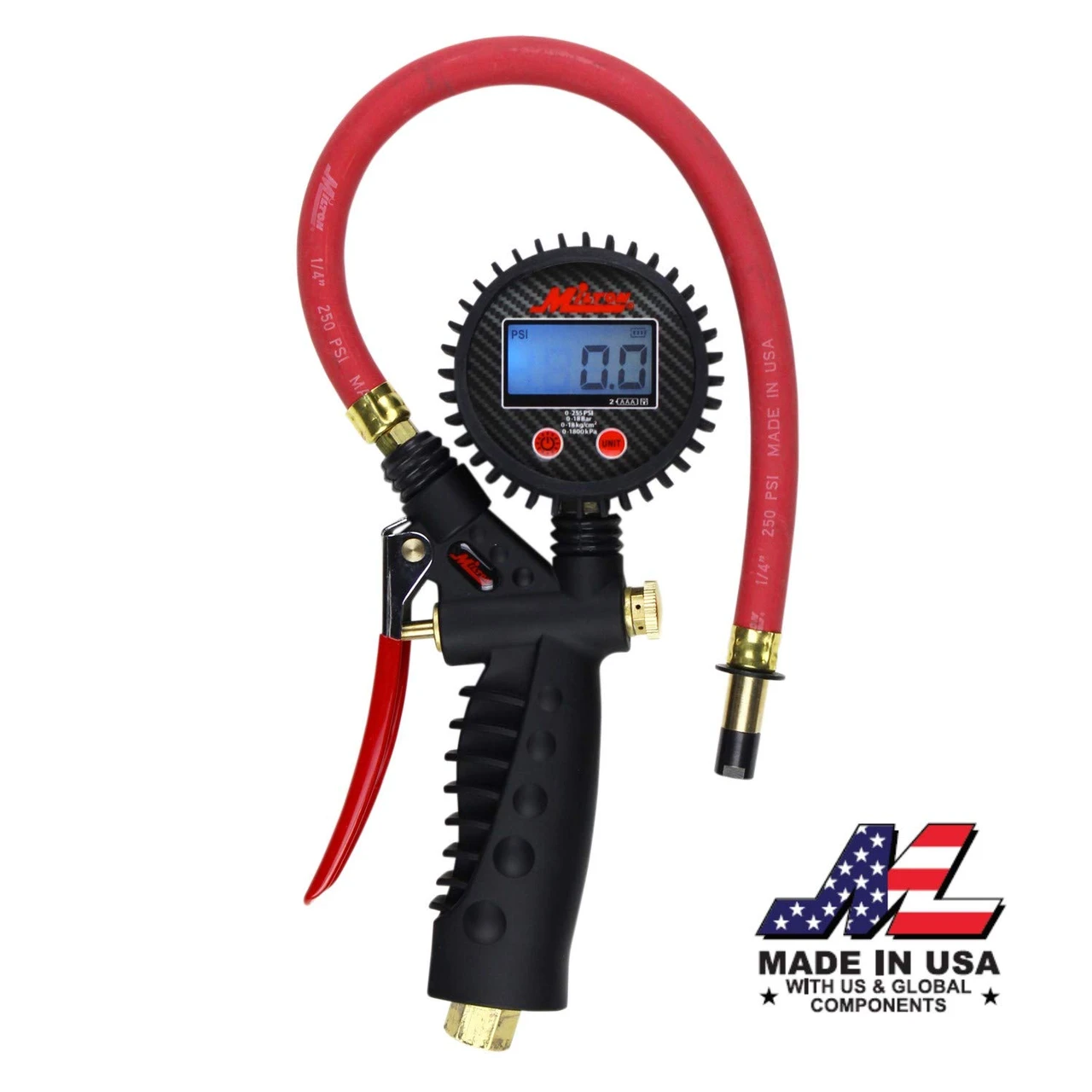 Milton S574D digital tire inflator with short red hose and straight chuck