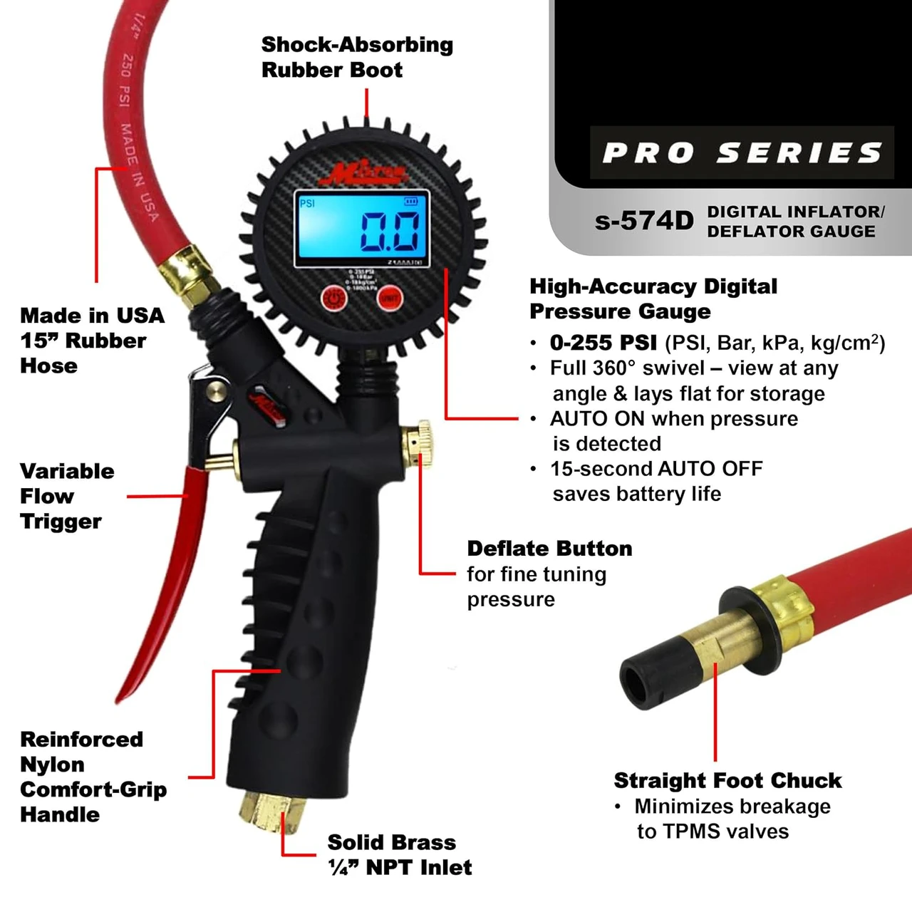 Milton S574D Pro Digital Tire Inflator/Pressure Pistol Grip Gauge, 15" Hose — product image 4