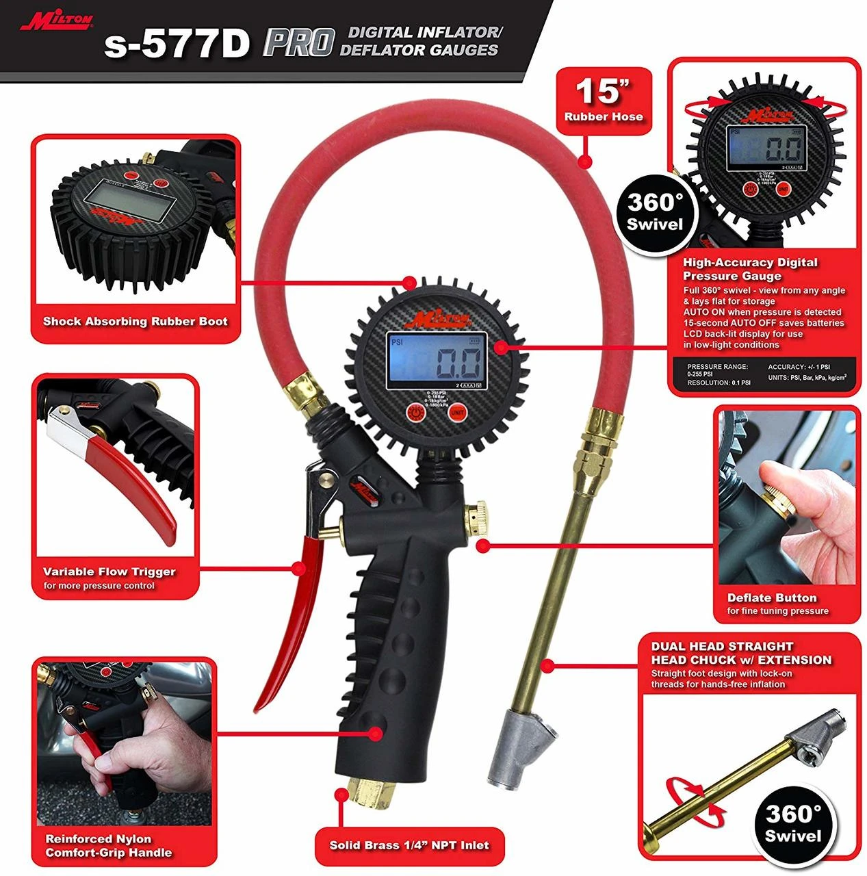 Milton S577D Pro Digital Pistol Grip Inflator Gauge, 15" Hose - 255 PSI — product image 2