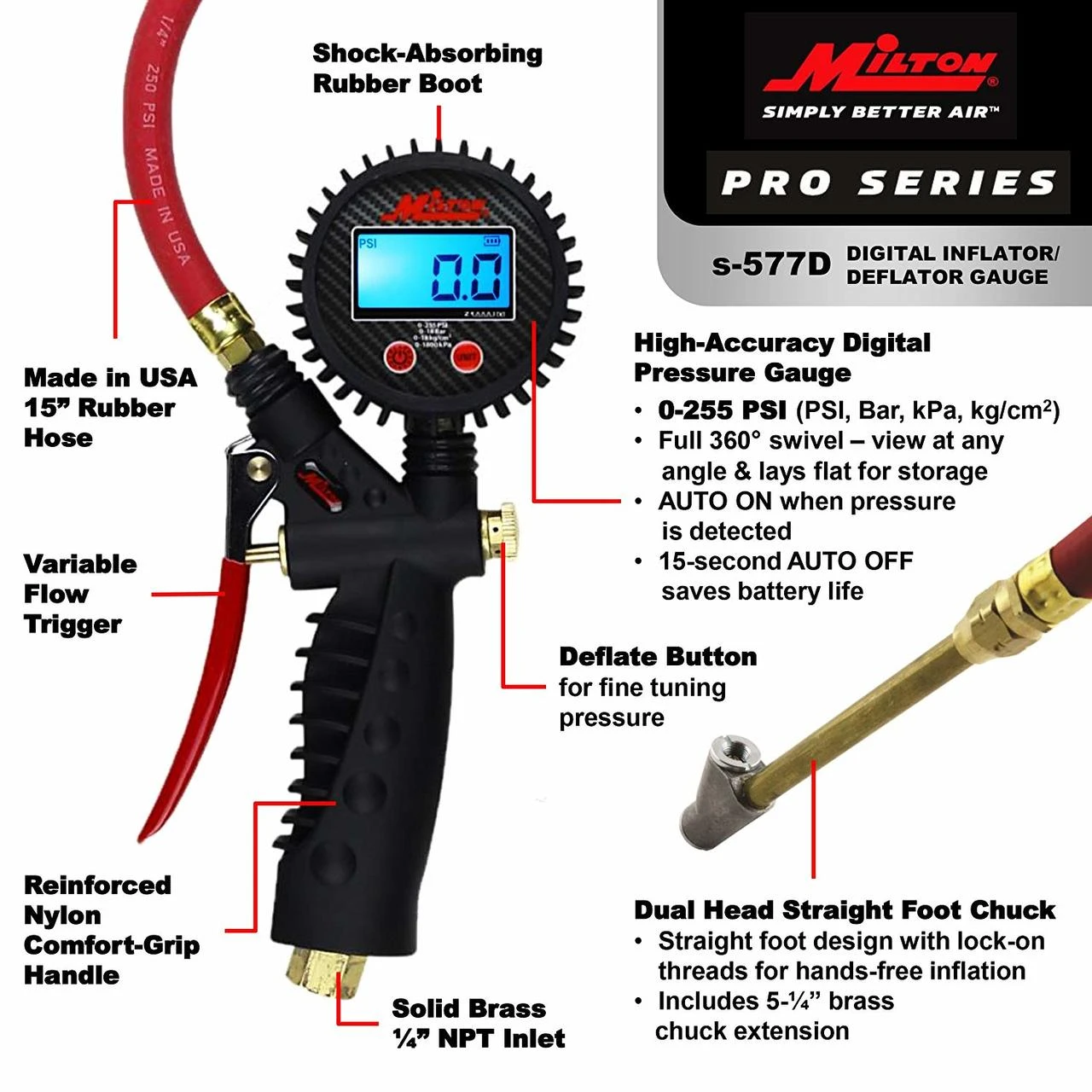 Milton S577D Pro Digital Pistol Grip Inflator Gauge, 15" Hose - 255 PSI — product image 5