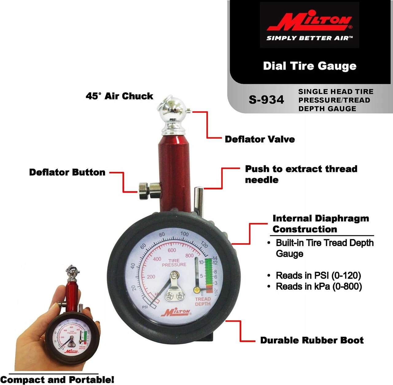 Milton S934 Tire Gauge with Tire Tread Depth Gauge 0-120 PSI — product image 2