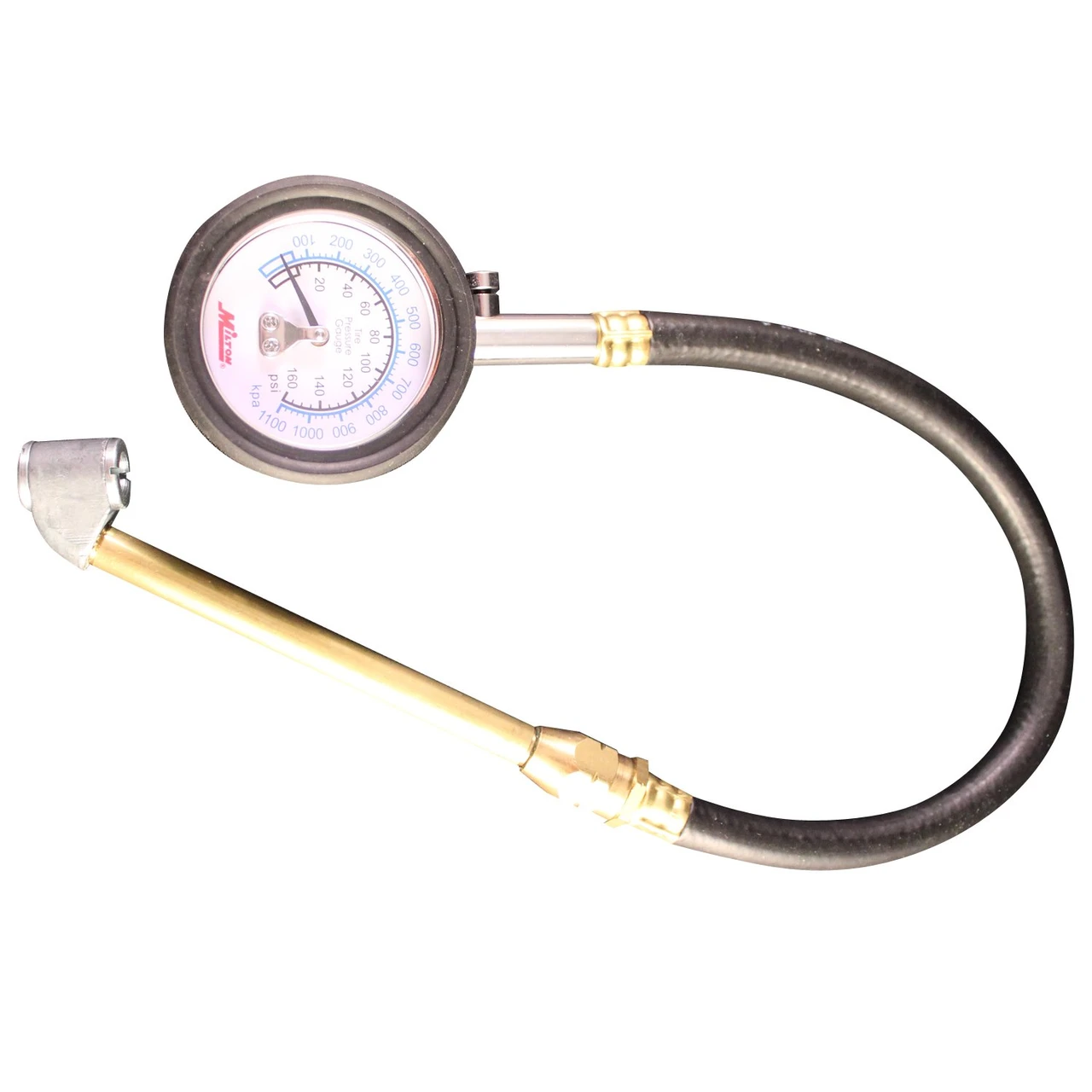 Milton S936 round dial tire gauge with black hose and brass dual-head chuck