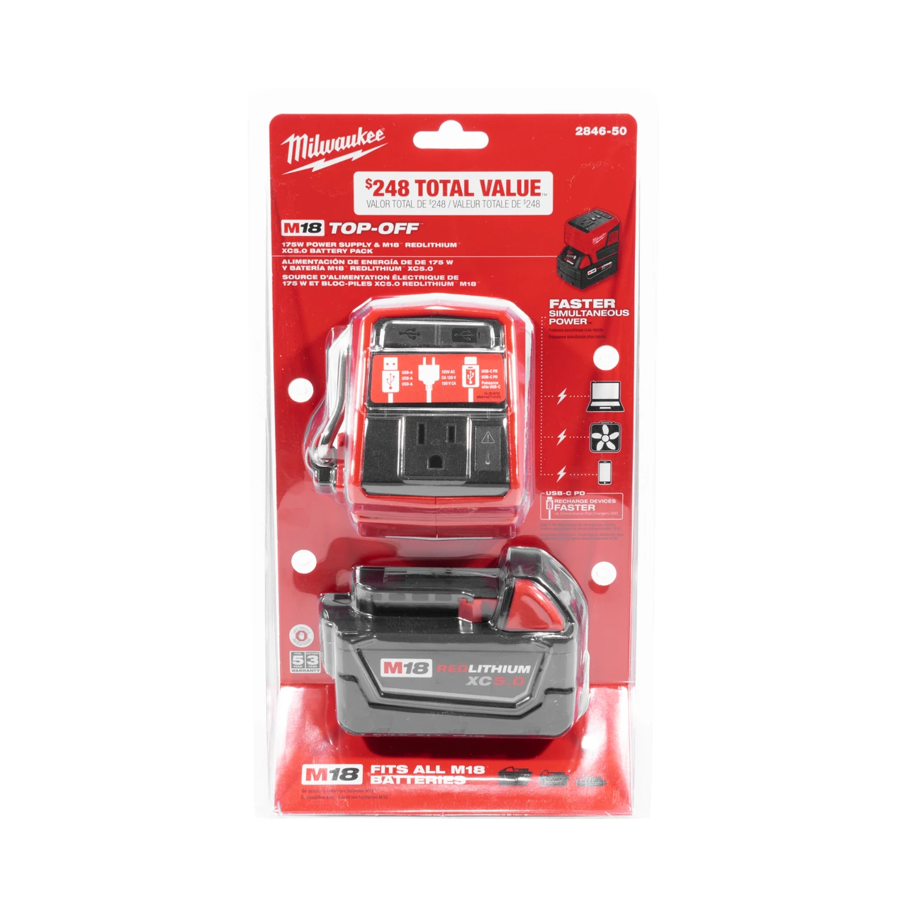 Milwaukee 2846-50 M18 Top Off 175W Power Supply and M18 Redlithium XC5.0 Battery Pack — product image 7