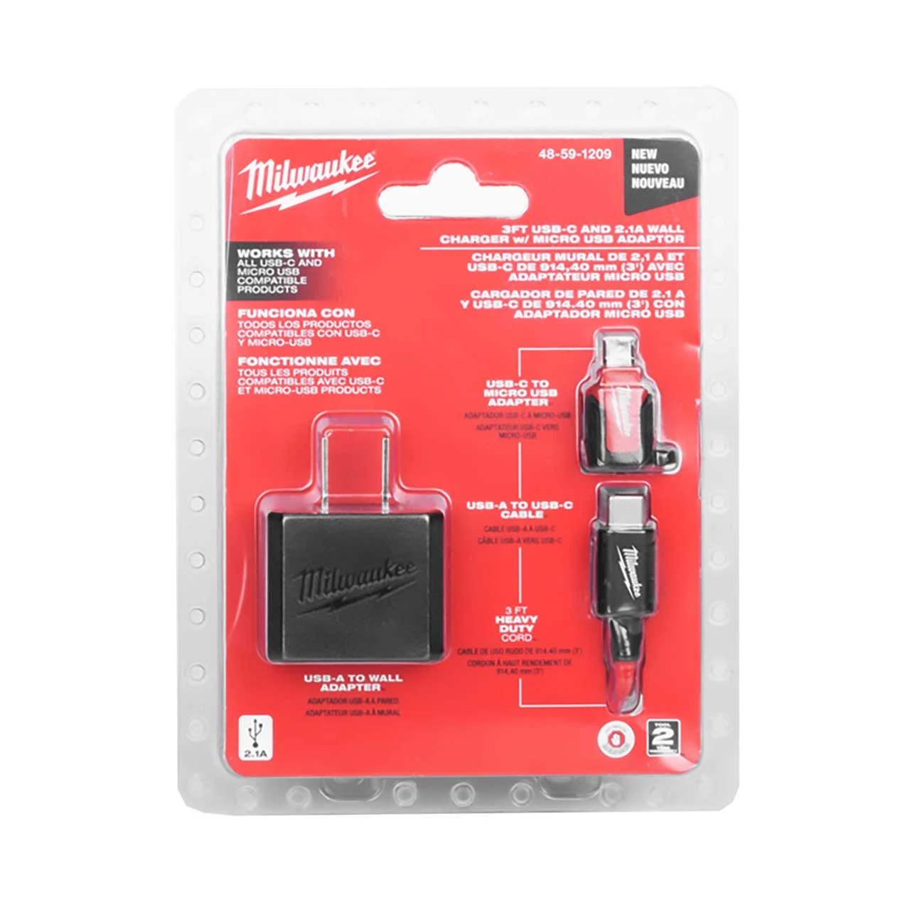 Milwaukee 3ft USB-C and 2.1A Wall Charger With Micro USB Adaptor (48-59-1204-1) — product image 2