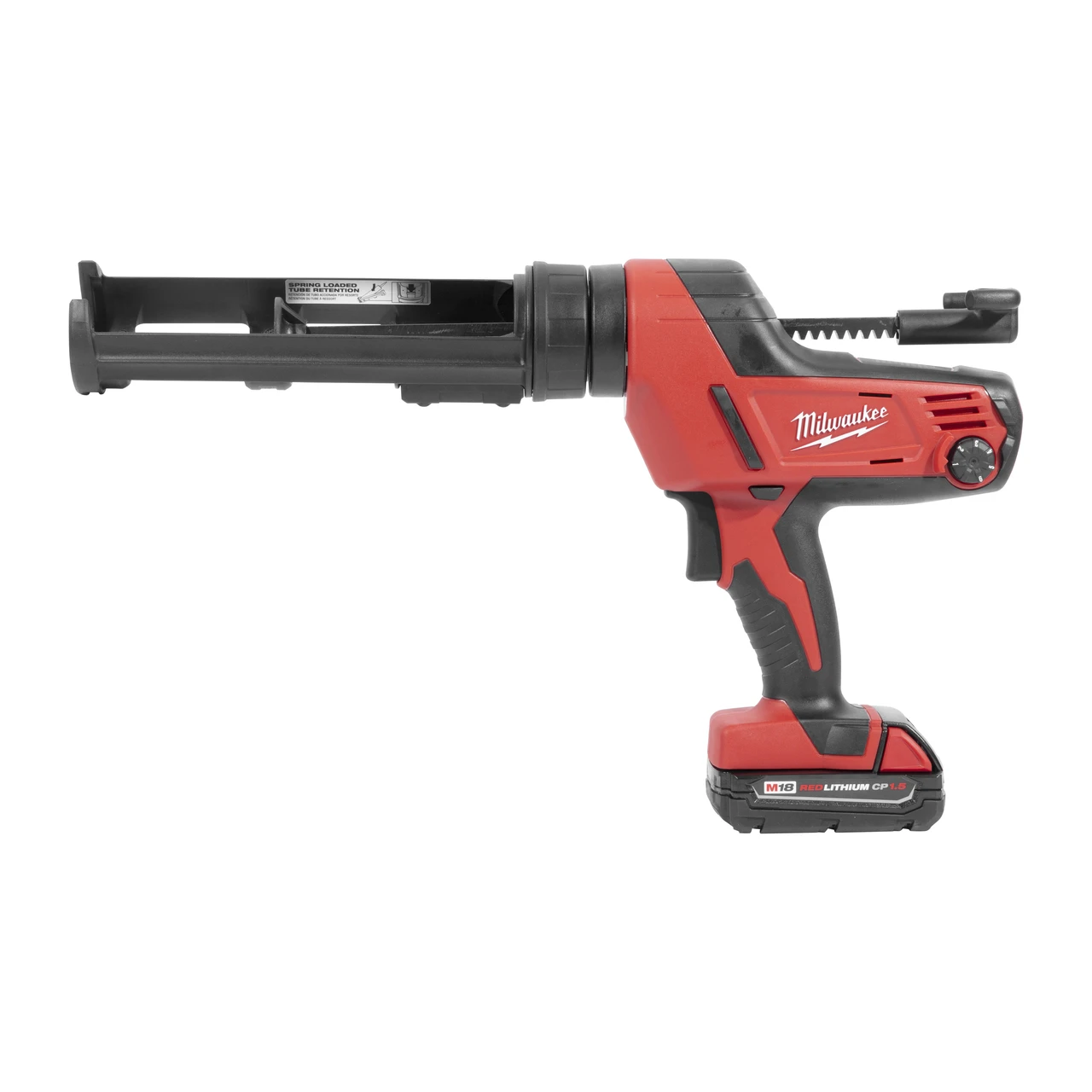 Milwaukee 2641-20 red caulk gun shown with ten-ounce carriage and fitted battery