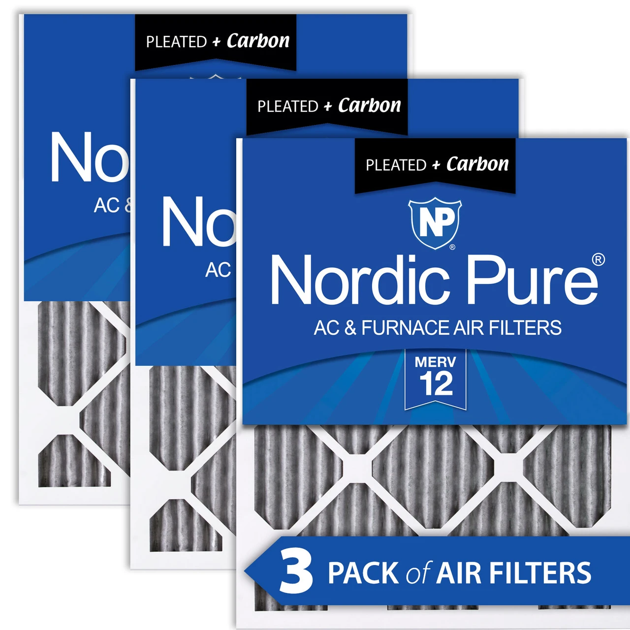 Nordic Pure 10x30x1 (9_7/16x29_7/16) Furnace Air Filters MERV 12 Pleated Plus Carbon 3 Pack (10x30x1PM12C-3)