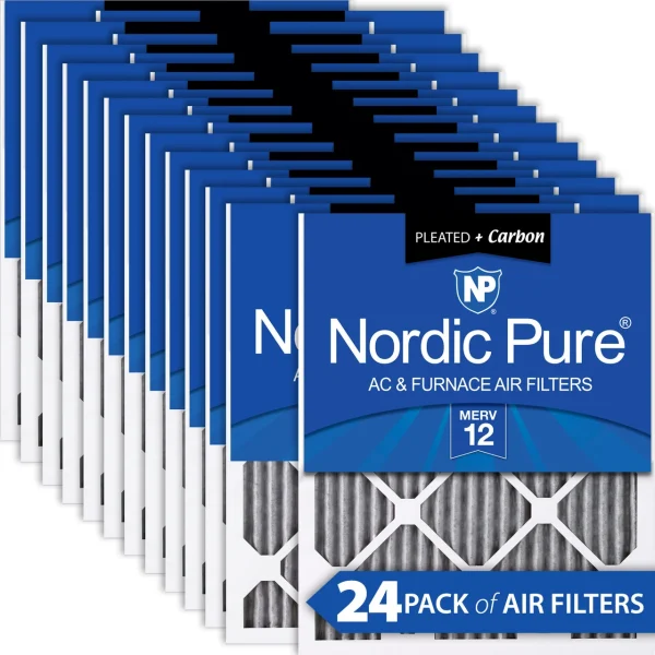 Nordic Pure 12x12x1 (11_3/4x11_3/4) Furnace Air Filters MERV 12 Pleated Plus Carbon 24 Pack (12x12x1PM12C-24)