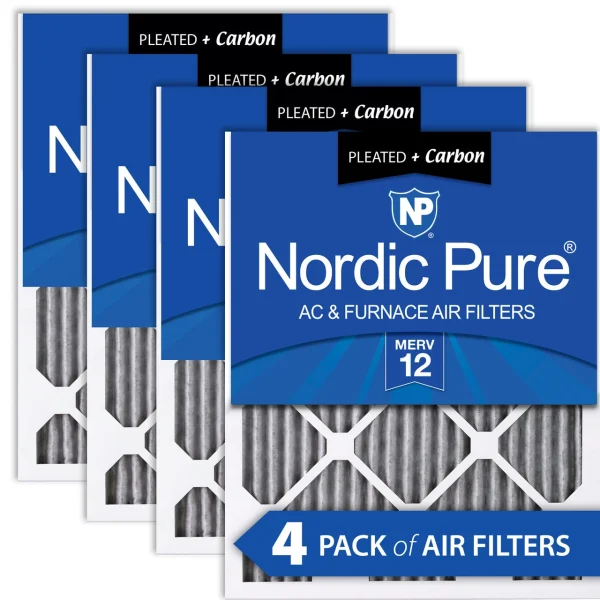 Nordic Pure 12x12x1 (11_3/4x11_3/4) Furnace Air Filters MERV 12 Pleated Plus Carbon 4 Pack (12x12x1PM12C-4)