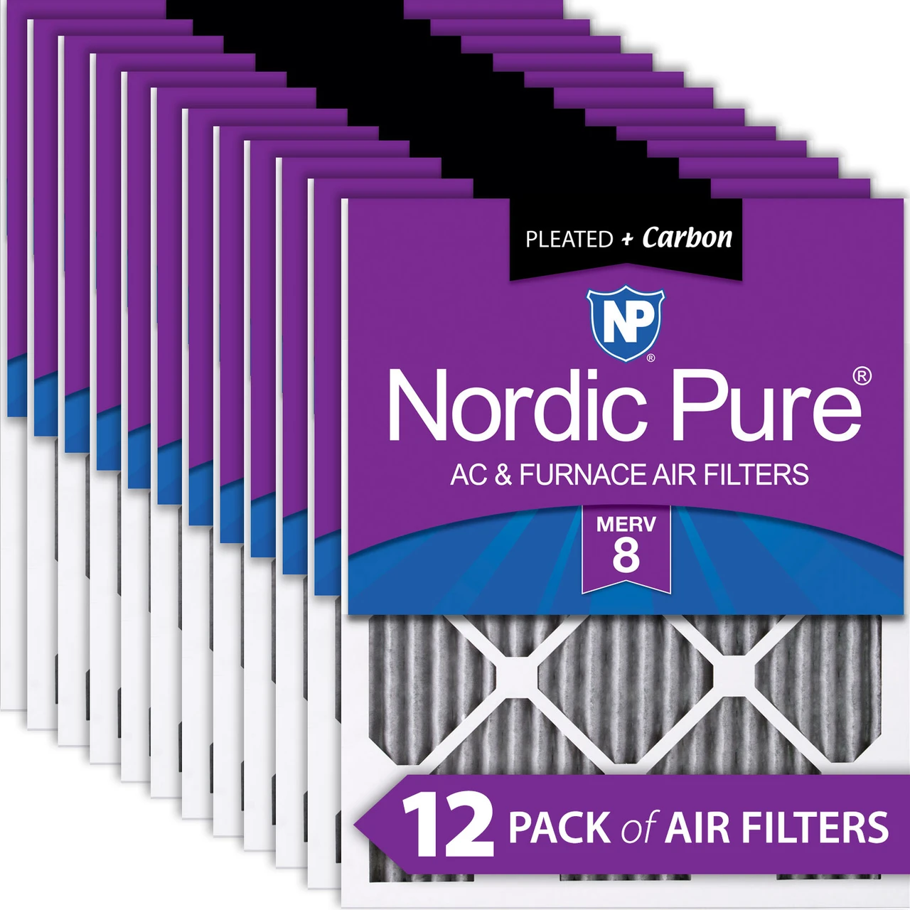 Nordic Pure 12x20x1 (11_1/2x19_1/2) Furnace Air Filters MERV 8 Pleated Plus Carbon 12 Pack (12x20x1PM8C-12)