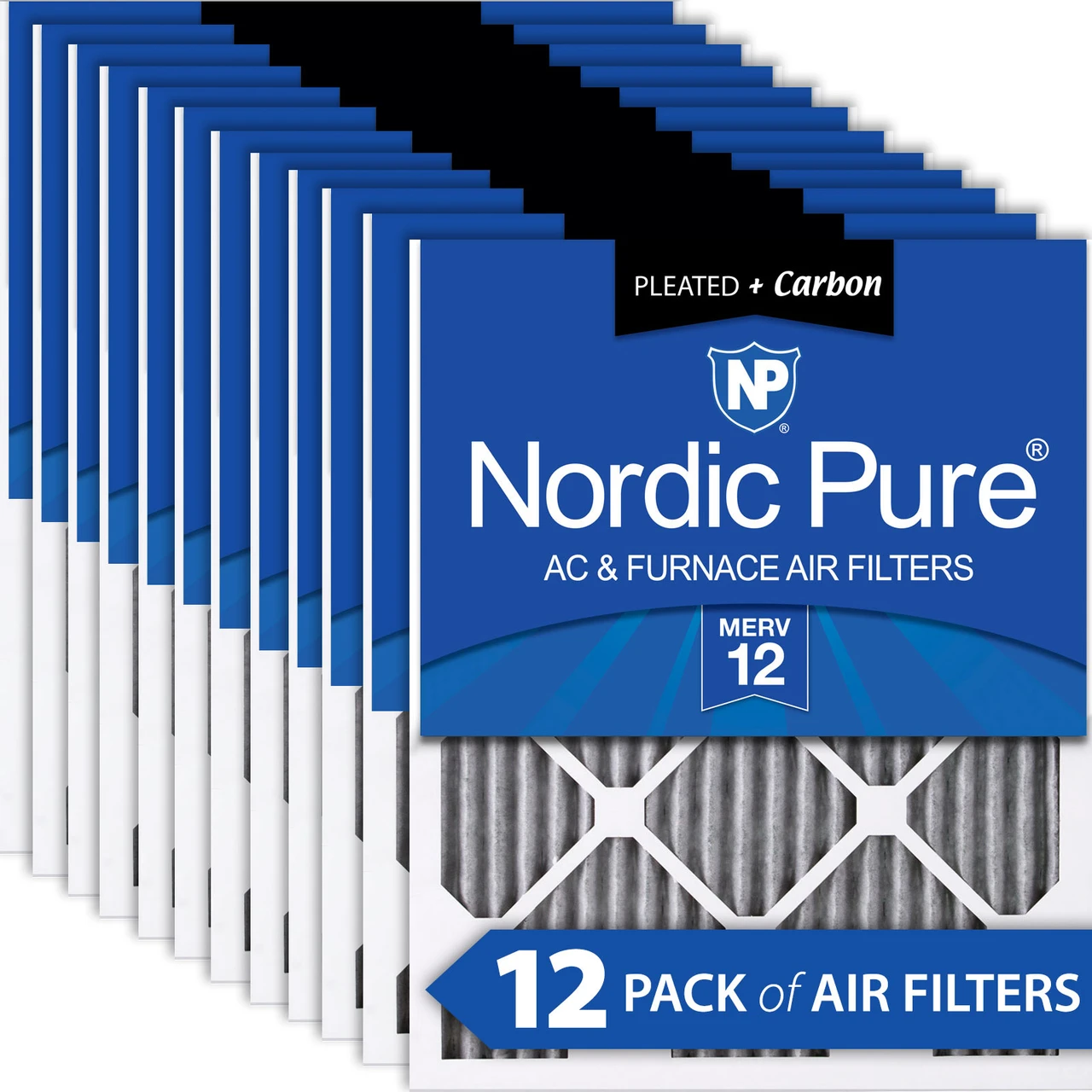 Nordic Pure 12x24x1 (11_1/2x23_1/2) Furnace Air Filters MERV 12 Pleated Plus Carbon 12 Pack (12x24x1PM12C-12)