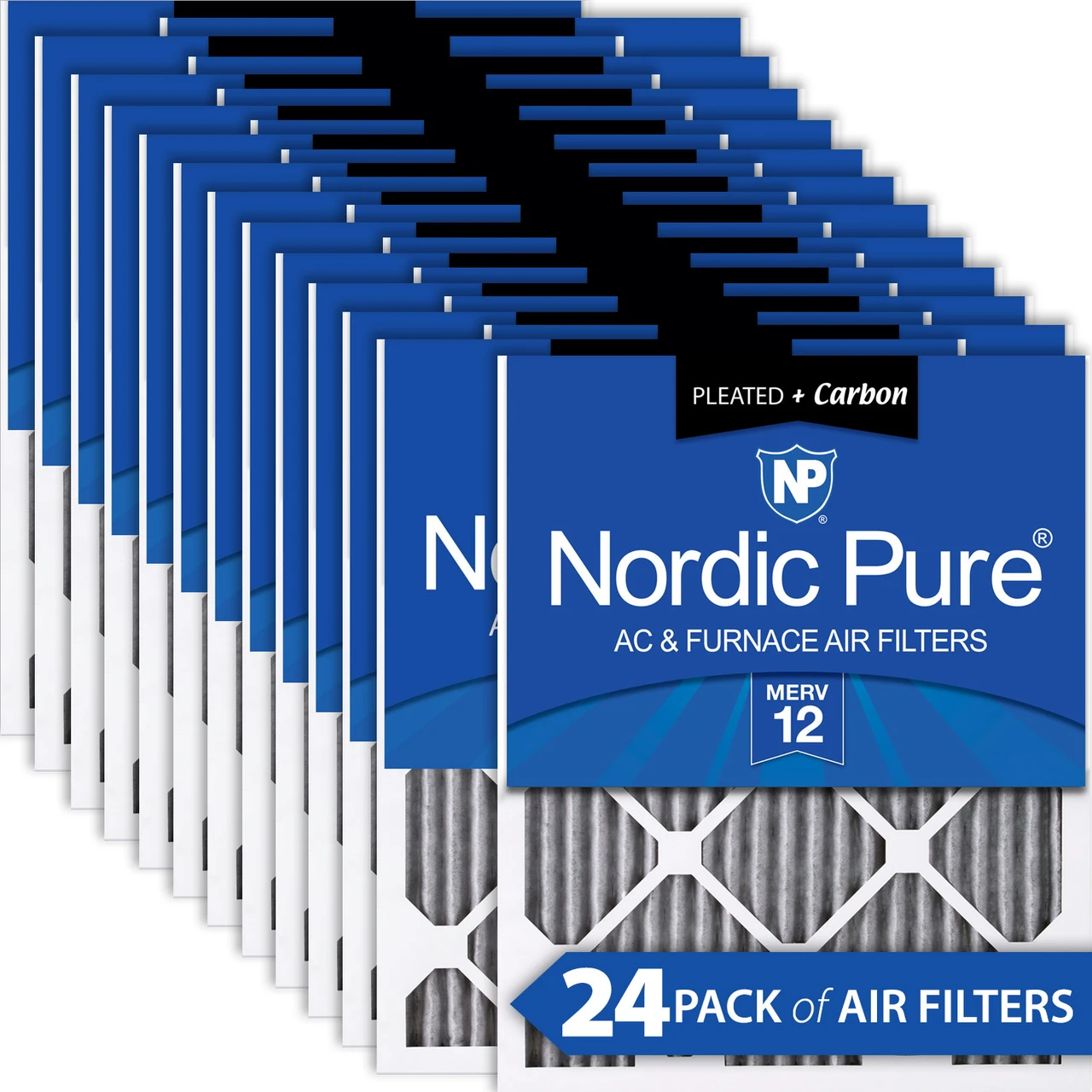 Nordic Pure 12x24x1 (11_1/2x23_1/2) Furnace Air Filters MERV 12 Pleated Plus Carbon 24 Pack (12x24x1PM12C-24)