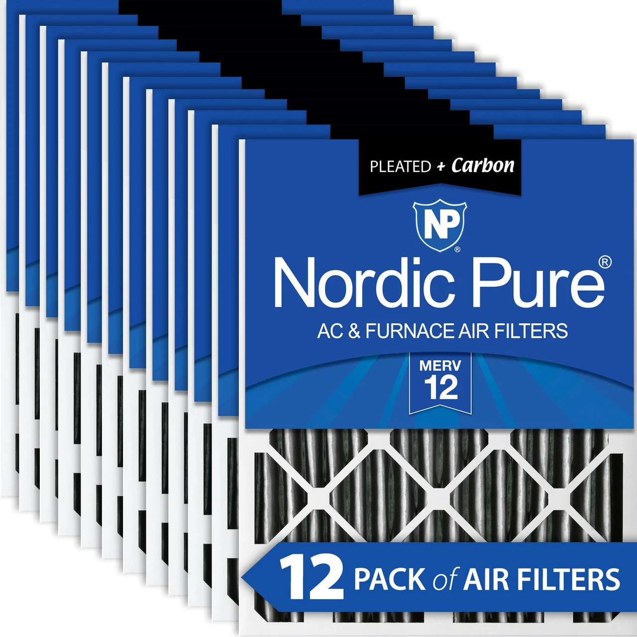 Nordic Pure 14x25x2 Pleated Air Filters MERV 12 Pleated Plus Carbon 12 Pack (14x25x2PM12C-12)