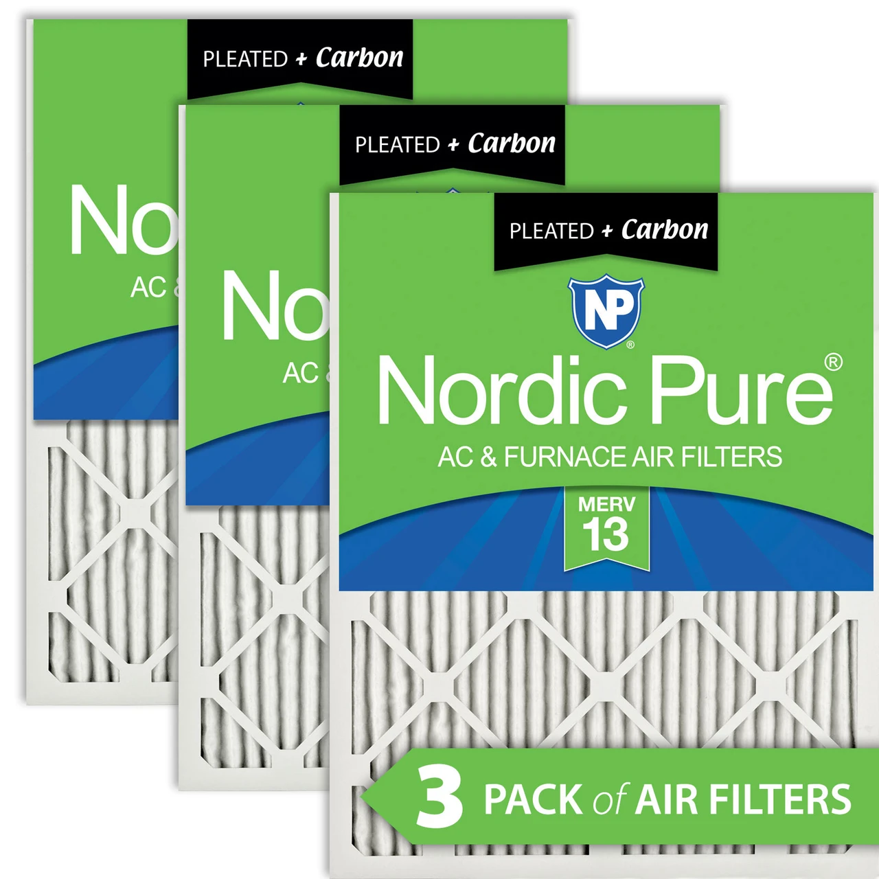 Nordic Pure 16x16x1 Pleated Air Filters MERV 13 Plus Carbon 3 Pack (16x16x1M13+C-3)