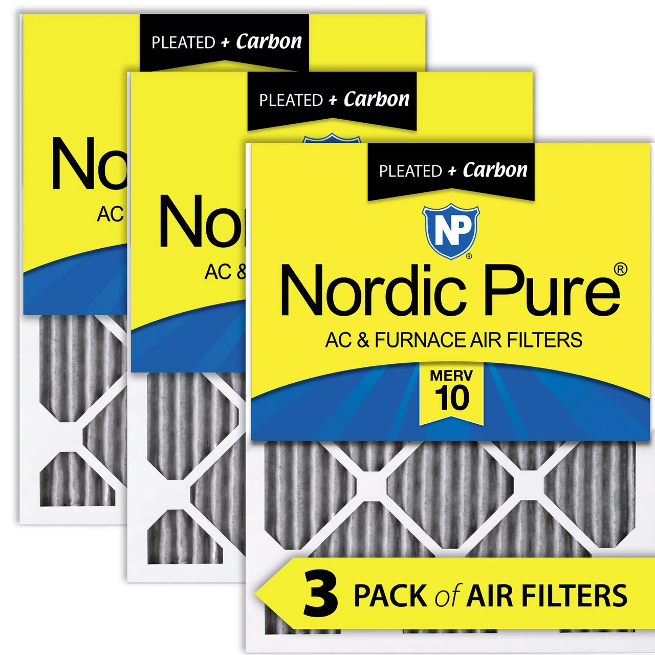 Nordic Pure 16x20x1 (15_1/2x19_1/2) Furnace Air Filters MERV 10 Pleated Plus Carbon 3 Pack (16x20x1PM10C-3)