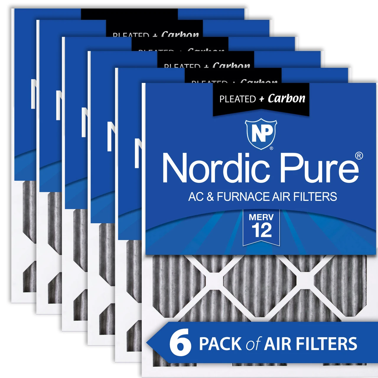 Nordic Pure 16x25x1 (15_1/2x24_1/2) Furnace Air Filters MERV 12 Pleated Plus Carbon 6 Pack (16x25x1PM12C-6)