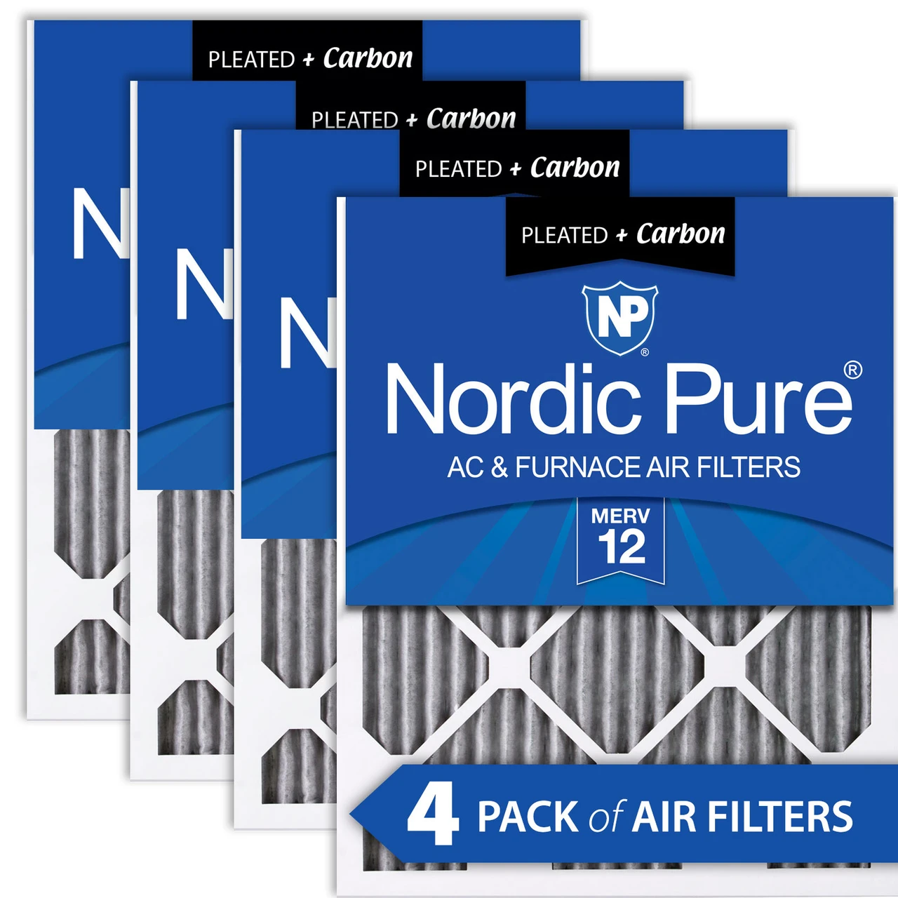 Nordic Pure 18x25x1 (17_1/2x24_1/2) Furnace Air Filters MERV 12 Pleated Plus Carbon 4 Pack (18x25x1PM12C-4)