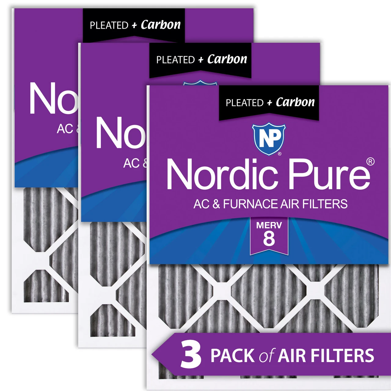 Nordic Pure 18x30x1 (17_3/4x29_3/4) Furnace Air Filters MERV 8 Pleated Plus Carbon 3 Pack (18x30x1PM8C-3)