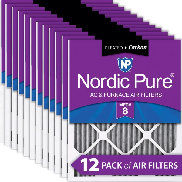 Nordic Pure 20x25x1 (19_1/2x24_1/2) Furnace Air Filters MERV 8 Pleated Plus Carbon 12 Pack (20x25x1PM8C-12)