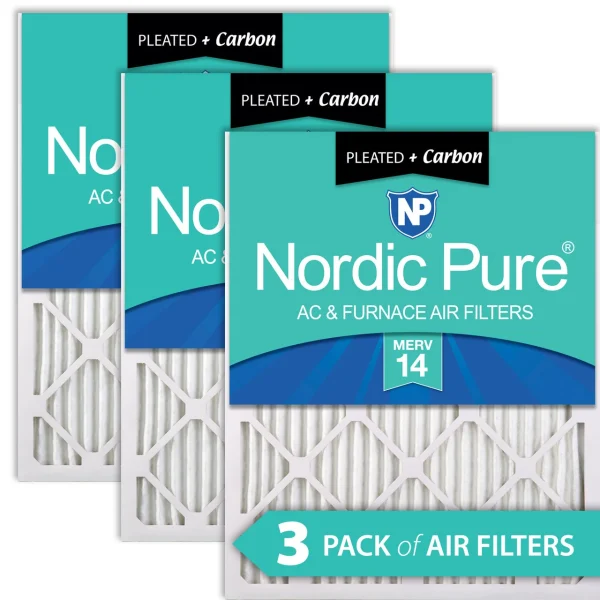 Nordic Pure 24x24x1 (23_3/8x23_3/8) Pleated Air Filters MERV 14 Plus Carbon 3 Pack (24x24x1M14+C-3)