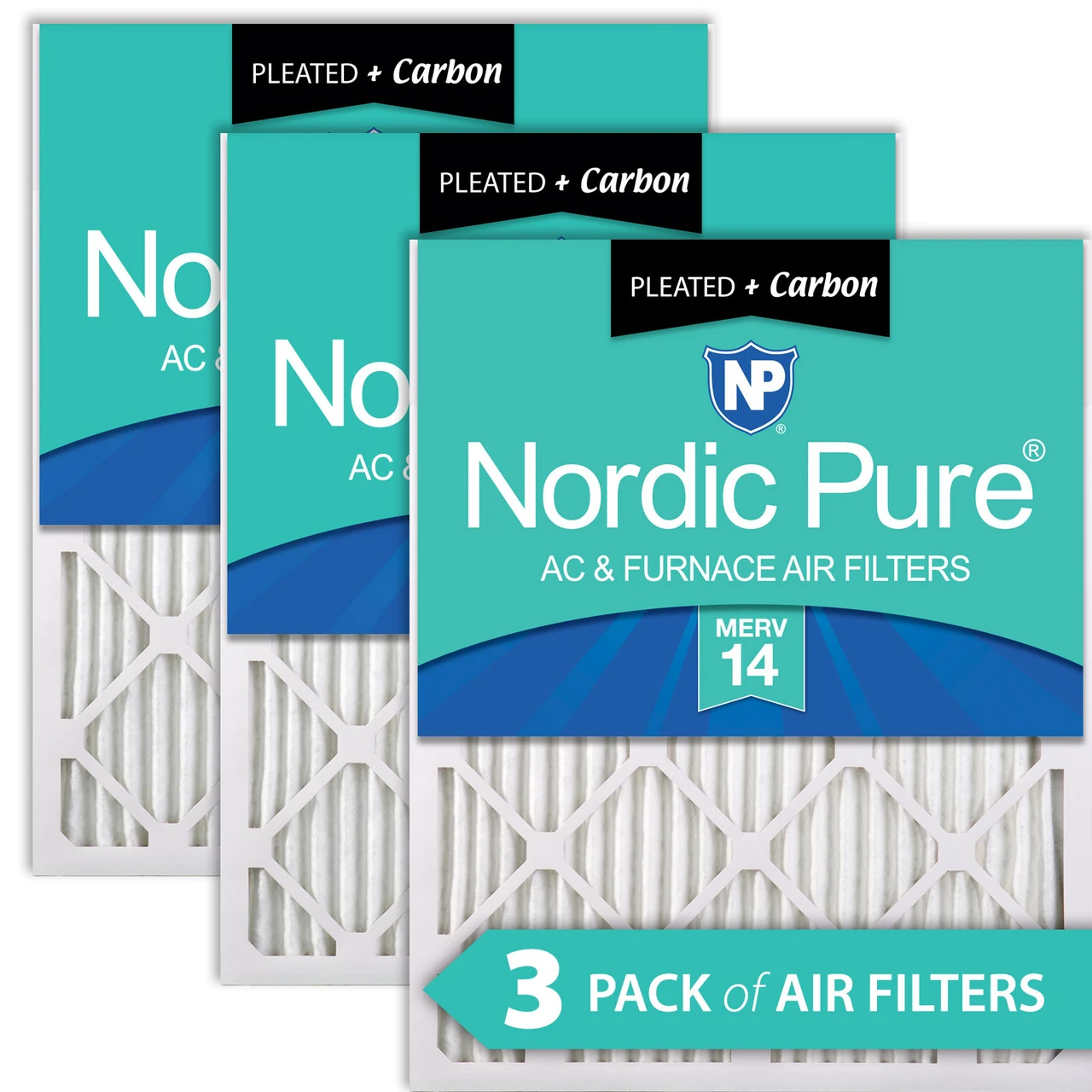 Nordic Pure 25x25x1 (24_1/2x24_1/2) Pleated Air Filters MERV 14 Plus Carbon 3 Pack (25x25x1M14+C-3)