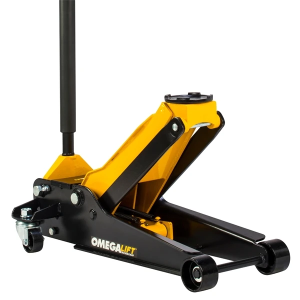 Omega Magic Lift service jack rear angle showing handle socket and caster wheels
