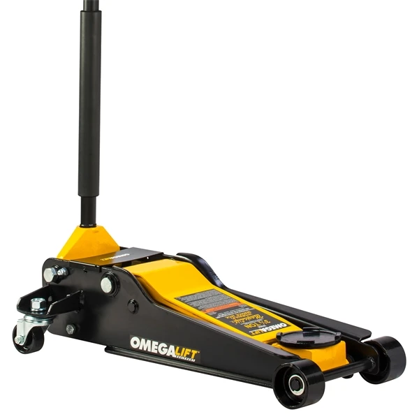 Omega Magic Lift floor jack shown with saddle lowered and handle upright
