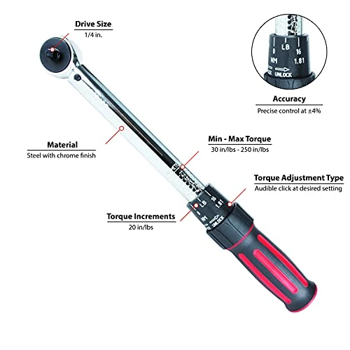 Performance Tool M196 1/4-Inch Drive 250 in/lb Click Torque Wrench, black — product image 2