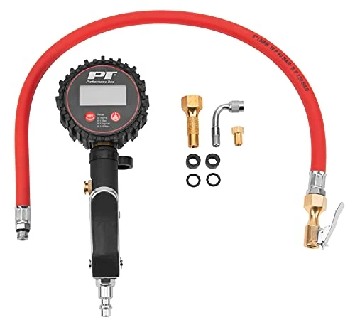Performance Tool M526 digital tire inflator with red hose separate chucks and valve seals