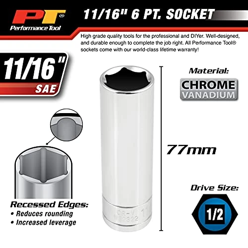 Performance Tool W32322 1/2" Dr 11/16" 6pt DW Socket — product image 4