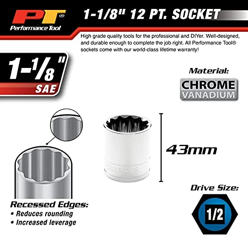 Performance Tool W32536 1/2 Dr 1-1/8 12Point Socket, 1 Pack — product image 3