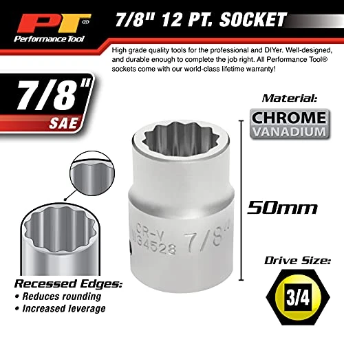Performance Tool W34528 3/4" Drive 12-Point SAE Standard Socket, 7/8" — product image 4