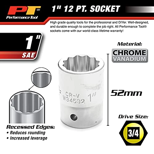 Performance Tool W34532 3/4" Drive 12-Point SAE Standard Socket, 1" — product image 4