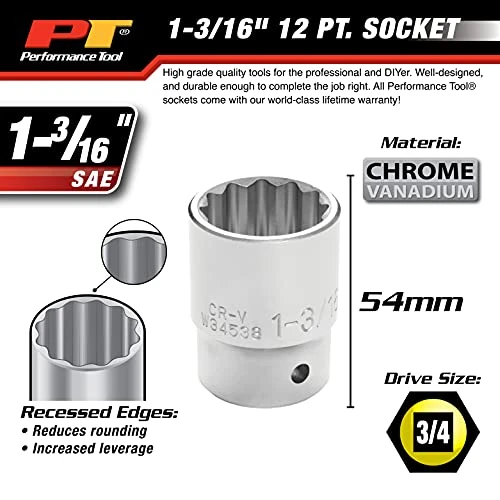 Performance Tool W34538 3/4" Drive 12-Point SAE Standard Socket, 1-3/16" — product image 4