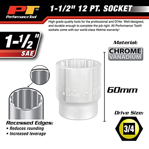 Performance Tool W34548 3/4" Drive 12-Point SAE Standard Socket, 1-1/2" — product image 5