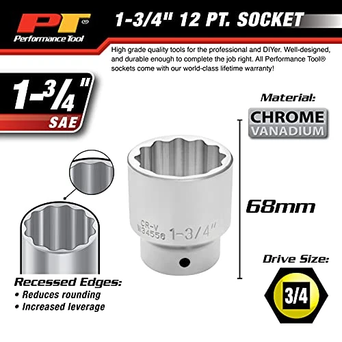 Performance Tool W34556 3/4" Drive 12-Point SAE Standard Socket, 1-3/4" — product image 5