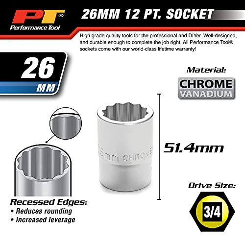 Performance Tool W34826 3/4" Drive 12-Point Standard Socket 26mm — product image 3