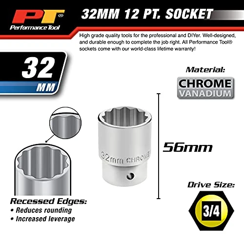 Performance Tool W34832 3/4" Drive 12-Point Standard Socket 32mm — product image 3