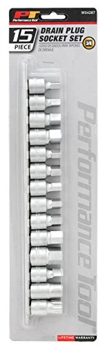 Performance Tool W54287 15 Pcs Drain Plug Socket Set w/ 11mm & 13mm Square Drive